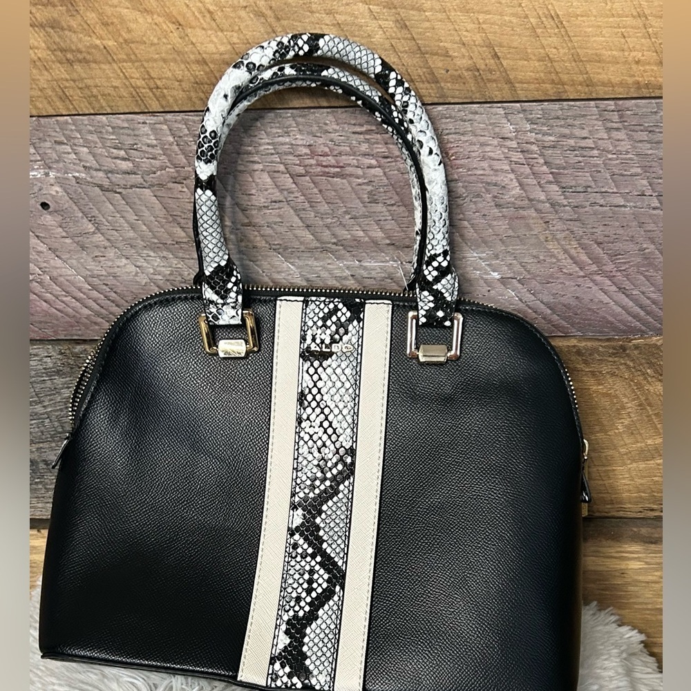 ALDO Black Satchel Handbag with Snake Print Handles & Crossbody Strap - Picture 8 of 9